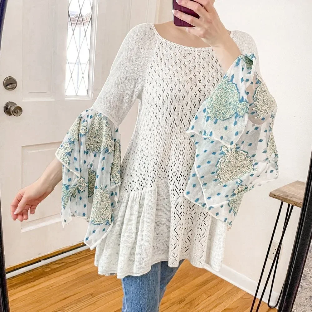 Free People Pointelle Breeze Knit Top in Ivory Combo L